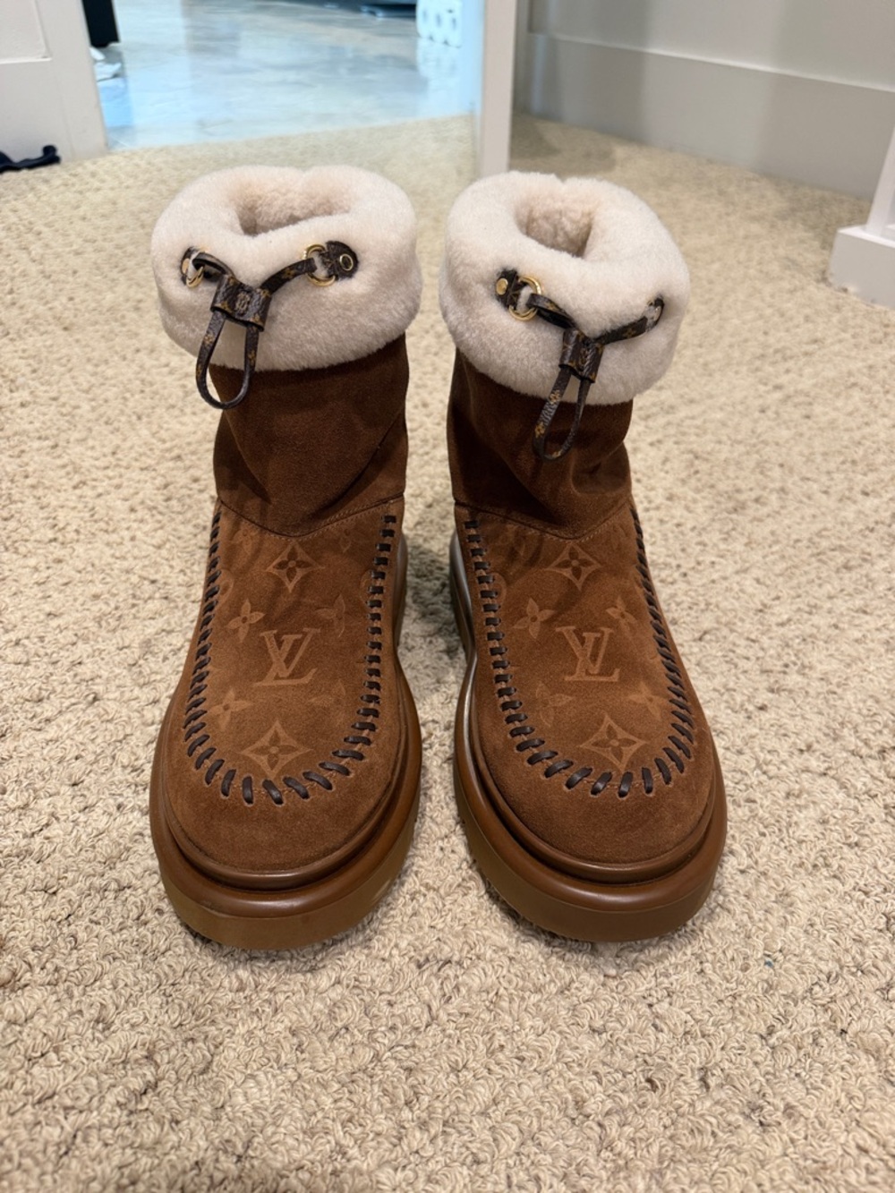 Louis Vuitton Brown Suede Shearling Cuff Ankle Boots